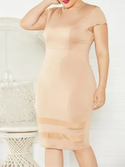 Women's Plus Size Curve Party Dress Bodycon Sheath Dress Plain Midi Dress Short Sleeve Mesh Crew Neck Fashion Party Black White Fall Winter XL XXL 3XL 4XL 5XL -HANs Plus Size Style Shop sjzzxv1694151469559