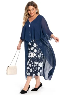 Women's Plus Size Curve Work Dress Floral V Neck Ruched 3/4 Length Sleeve Spring Summer Work Elegant Midi DressLayered Formal Vacation Dress -HANs Plus Size Style Shop skldet1694765023623