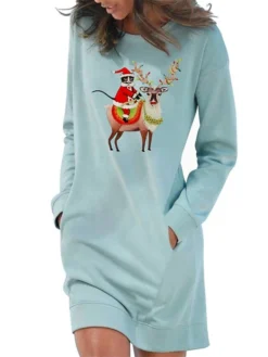 Women‘s Christmas Hoodie Dress Winter Dress Light Blue Grey White Long Sleeve Santa Claus Elk Pocket Print Winter Fall Crew Neck Stylish Casual 2022 S M L XL 2XL / Cotton -HANs Plus Size Style Shop slasiq1666692065362