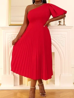 Women's Plus Size Curve Party Dress Cocktail Dress Swing Dress Plain Midi Dress Half Sleeve Pleated One Shoulder Fashion Party Red Fall Winter XL XXL 3XL 4XL