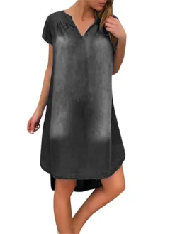 Women's Denim Dress Casual Dress Midi Dress Denim Fashion Casual Outdoor Vacation V Neck Asymmetric Short Sleeve Summer Spring Fall 2023 Loose Fit Black Navy Blue Sky Blue Plain S M L XL 2XL -HANs Plus Size Style Shop slfjsz1677136746364
