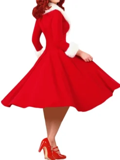 Women's Christmas Swing Dress Vintage Dress Midi Dress Red White Long Sleeve Pure Color Patchwork Winter Fall V Neck Vintage Stylish Elegant Fall Dress 2022 S M L XL XXL / Winter Dress -HANs Plus Size Style Shop sliauc1666343930274