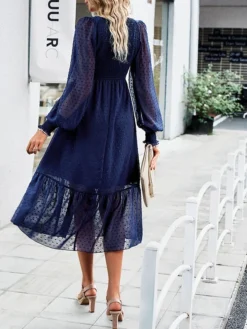 Women's Casual Dress Black Dress Plain Dress Midi Dress Ruched Street Daily Holiday Fashion Streetwear V Neck Long Sleeve 2023 Slim Black Blue Dark Blue Color S M L XL Size -HANs Plus Size Style Shop slidmh1692685998058