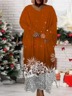 Women‘s Plus Size Christmas Dress Print V Neck Long Sleeve Winter Fall Modern Maxi Long Dress Daily Dress -HANs Plus Size Style Shop sllcce1668158943771