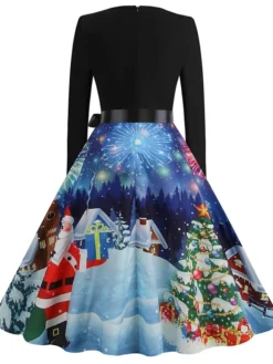 Women's Christmas Casual Dress Swing Dress Midi Dress Blue Purple Royal Blue Light Blue White Long Sleeve Santa Claus Elk Tree Bow Print Winter Fall V Neck Vacation Vintage 2022 S M L XL -HANs Plus Size Style Shop slnshq1666927315574