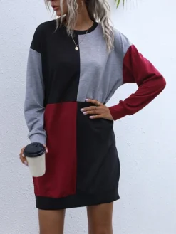 Women's Casual Dress Hoodie Dress Mini Dress Fashion Daily Outdoor Home Vacation Crew Neck Patchwork Print Loose Fit Blue Army Green Dark Gray S M L XL -HANs Plus Size Style Shop slxbay1693535792867