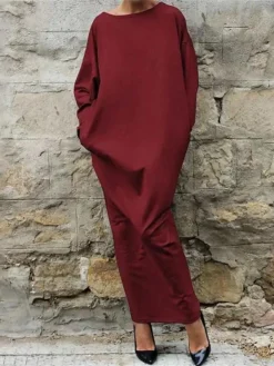 Women's Casual Dress Winter Dress Black Dress Long Dress Maxi Dress Pocket Outdoor Street Daily Active Fashion Crew Neck Long Sleeve 2023 Loose Fit Black Wine Dark Blue Color S M L XL XXL Size