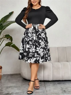Women's Plus Size Curve Casual Dress Winter Dress Sheath Dress Floral Midi Dress Long Sleeve Ruched Print Crew Neck Fashion Outdoor Black Fall Winter XL XXL 3XL 4XL -HANs Plus Size Style Shop smivev1695095530324