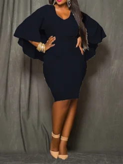 Women‘s Plus Size Curve Work Dress Sheath Dress Formal Dress Floral Midi Dress 3/4 Length Sleeve Ruffle V Neck Elegant Office Black White Spring Summer L XL XXL 3XL -HANs Plus Size Style Shop smqnwt1672986154765