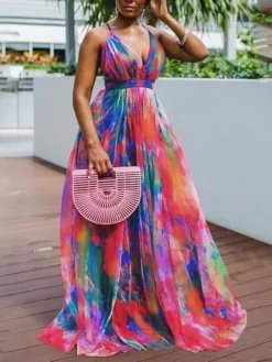 Women‘s Curve Plus Size Curve Party Dress Sundress Tie Dye V Neck Print Sleeveless Spring Summer Formal Prom Dress Maxi Long Dress Party Vacation Dress / Party Dress -HANs Plus Size Style Shop smsuoj1645786817748
