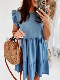 Women's Denim Dress Swing Dress Mini Dress Denim Fashion Casual Outdoor Daily Crew Neck Ruched Smocked Short Sleeve Summer Spring Fall 2023 Loose Fit Blue Plain S M L XL -HANs Plus Size Style Shop smtcfz1677234929936