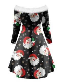 Women's Christmas Swing Dress Vintage Dress Mini Dress Green Blue Royal Blue Red White Black Long Sleeve Santa Claus Snowman Snowflake Feather Print Winter Fall Off Shoulder Stylish Elegant -HANs Plus Size Style Shop sngdaz1666597372582