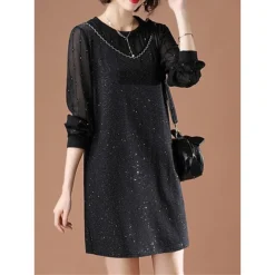 Women's Plus Size Curve Party Dress Cocktail Dress Sheath Dress Solid Color Midi Dress Long Sleeve Mesh Patchwork Crew Neck Fashion Party Black Fall Winter L XL XXL 3XL 4XL -HANs Plus Size Style Shop snglxs1695645445593