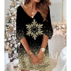 Women‘s Christmas Sweatshirt Dress Winter Dress Short Mini Dress Red 3/4 Length Sleeve Plaid Letter Print Fall Winter V Neck Vacation Casual 2022 S M L XL XXL 3XL -HANs Plus Size Style Shop snlbvd1668169416552