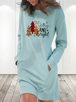 Women‘s Christmas Hoodie Dress Winter Dress Light Blue Grey White Long Sleeve Letter Tree Snowflake Pocket Print Winter Fall Crew Neck Stylish Casual Fall Dress Loose Fit 2022 S M L XL 2XL