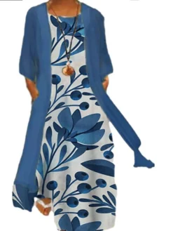 Women‘s Plus Size Curve Two Piece Dress Floral Crew Neck Print Long Sleeve Winter Fall Casual Maxi Long Dress Casual Daily Dress -HANs Plus Size Style Shop snojhx1637651357795