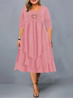 Women‘s Plus Size Curve Flattering Dresses Apple Shaped Dress Wedding Guest Casual Dress Shift Dress Solid Color Midi Dress Long Sleeve Ruffle Pocket Crew Neck Basic Daily Pink Wine Fall Spring Dress -HANs Plus Size Style Shop snzozt1673504418258