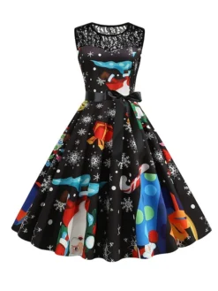 Women‘s Christmas Retro 1950s Vintage Dress Midi Dress Party Patchwork Bow Santa Claus Crew Neck Sleeveless Regular Fit Fall Winter 2023 Black White S M L XL -HANs Plus Size Style Shop soazgt1694501416763