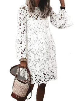 Women‘s Sheath Dress Mini Dress White Red Long Sleeve Solid Color Lace Hollow To Waist Spring Summer Round Neck Elegant Romantic Flare Cuff Sleeve 2023 S M L XL XXL -HANs Plus Size Style Shop sogvis1635393456315