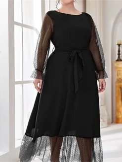 Women's Plus Size Prom Dress Party Dress Wedding Guest Dress Long Dress Maxi Dress Black Brown Long Sleeve Pure Color Lace Up Fall Winter Autumn Crew Neck Fashion Winter Dress Evening Party Wedding