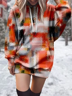 Women's Casual Dress Hoodie Dress Winter Dress Plaid Print Hooded Mini Dress Fashion Streetwear Outdoor Daily Long Sleeve Loose Fit Red Blue Green Fall Winter S M L XL XXL -HANs Plus Size Style Shop sollty1694675723916