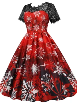 Women's Christmas Casual Dress Swing Dress Midi Dress Green Wine Light Red Fuchsia Red Black Short Sleeve Santa Claus Snowman Snowflake Lace Print Winter Fall Crew Neck Vacation Vintage 2022 S M L XL -HANs Plus Size Style Shop solyvu1666761919745