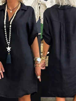 Women's Casual Dress Midi Dress Black 3/4 Length Sleeve Pure Color Summer Spring V Neck Casual Loose Fit 2023 S M L XL XXL -HANs Plus Size Style Shop sotzcd1623407547343