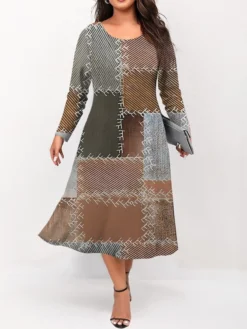 Women's Plus Size Curve Casual Dress Skater Dress A Line Dress Geometric Plaid Midi Dress Long Sleeve Print Crew Neck Fashion Outdoor Blue Brown Fall Winter L XL XXL 3XL 4XL -HANs Plus Size Style Shop sotzeo1695350914811
