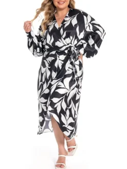 Women's Plus Size Curve Work Dress Satin Dress Wrap Dress Floral Midi Dress Long Sleeve Split V Neck Fashion Office Black Fall Winter L XL XXL 3XL 4XL -HANs Plus Size Style Shop spkrjt1694772969768