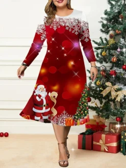 Women's Christmas Plus Size Curve Casual Dress Skater Dress A Line Dress Snowman Christmas Tree Midi Dress Long Sleeve Print Crew Neck Fashion Outdoor Black Wine Fall Winter L XL XXL 3XL 4XL -HANs Plus Size Style Shop sprdzx1695191644193