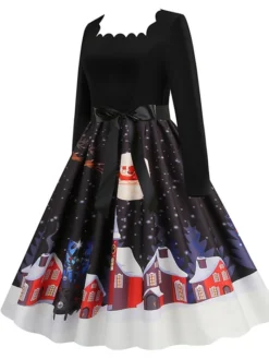 Women's Christmas Vintage Dress Midi Dress Black And White Green Black Long Sleeve Santa Claus Bow Winter Fall Autumn Square Neck Stylish Christmas Vacation 2022 S M L XL XXL 3XL -HANs Plus Size Style Shop spufcr1667637301338