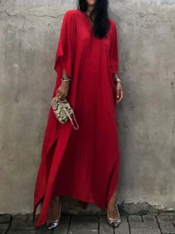 Women's Cover Up Beach Dress Beach Wear Long Dress Maxi Dress Split Basic Casual Plain V Neck 3/4 Length Sleeve Loose Fit Outdoor Daily White Yellow 2023 Spring Summer One Size -HANs Plus Size Style Shop sqabqb1672912300887