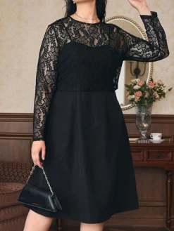 Women's Plus Size Curve Party Dress Lace Dress Black Dress Plain Midi Dress Long Sleeve Lace Crew Neck Fashion Party Black Fall Winter L XL XXL 3XL 4XL -HANs Plus Size Style Shop sqdssv1694151477302