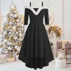 Women's Christmas Swing Dress Skater Dress Green Red Black Long Sleeve Pure Color Cold Shoulder Plus High Low Winter Fall V Neck Classic ModernFall Dress Slim 2022 S M L XL 2XL 3XL / Winter Dress -HANs Plus Size Style Shop sqhswq1668155198591