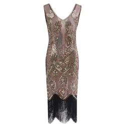 Women's Retro 1920s Fringe Dress Midi Dress Party Halloween Sequins Tassel Fringe Floral V Neck Sleeveless Regular Fit Spring Fall 2023 Black Pink S M L XL -HANs Plus Size Style Shop sqrwer1692849147918