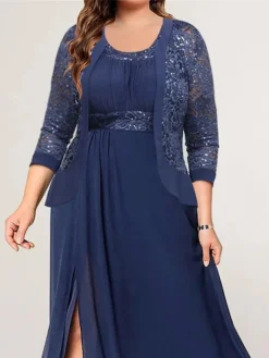 Women's Plus Size Curve Party Dress Lace Dress Dress Set Plain Long Dress Maxi Dress 3/4 Length Sleeve Lace Patchwork Crew Neck Fashion Party Navy Blue Fall Winter L XL XXL 3XL 4XL -HANs Plus Size Style Shop sqsqlg1694487739154