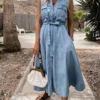 Women's Denim Dress Denim Shirt Dress Maxi Long Dress Denim Hot Casual Daily Shirt Collar Lace Up Button Sleeveless Summer Spring 2022 Regular Fit Light Blue Pure Color S M L XL