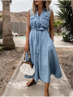 Women's Denim Dress Denim Shirt Dress Maxi Long Dress Denim Hot Casual Daily Shirt Collar Lace Up Button Sleeveless Summer Spring 2022 Regular Fit Light Blue Pure Color S M L XL