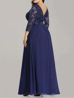 Women's Plus Size Curve Prom Dress Party Dress Lace Dress Long Dress Maxi Dress White Pink Wine 3/4 Length Sleeve Pure Color Lace Spring Fall Winter Crew Neck Fashion Birthday Evening Party -HANs Plus Size Style Shop srlgyy1692156793819