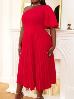 Women's Plus Size Curve Party Dress Cocktail Dress Swing Dress Plain Midi Dress Half Sleeve Pleated One Shoulder Fashion Party Red Fall Winter XL XXL 3XL 4XL -HANs Plus Size Style Shop srrwyv1694425973176