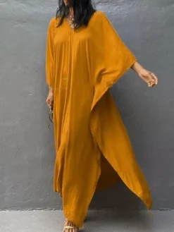 Women's Cover Up Beach Dress Beach Wear Long Dress Maxi Dress Split Basic Casual Plain V Neck 3/4 Length Sleeve Loose Fit Outdoor Daily White Yellow 2023 Spring Summer One Size -HANs Plus Size Style Shop srtzbm1672912295050