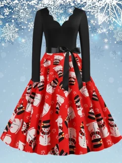 Women's Christmas Swing Dress Vintage DressKnee Length Dress Green Blue Wine Light Red Dark Green Red Long Sleeve Floral Snowman Tree Bow Print Fall Winter V Neck Vintage Fashion Casual 2022 S M L -HANs Plus Size Style Shop srwuov1668077080816