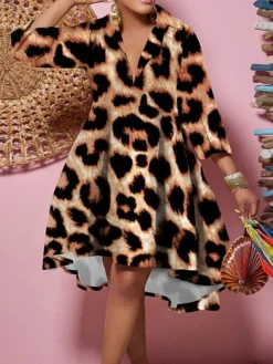 Women's Plus Size Curve Shirt Dress Casual Dress Swing Dress Floral Geometric Midi Dress 3/4 Length Sleeve Plus High Low Print Shirt Collar Fashion Daily White Yellow Fall Winter L XL XXL 3XL -HANs Plus Size Style Shop srxfdt1694594681621