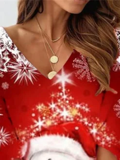 Women's Christmas Sweatshirt Dress Shift Dress Mini Dress Wine 3/4 Length Sleeve Snowman Print Winter Fall V Neck Vacation Casual 2022 S M L XL XXL 3XL -HANs Plus Size Style Shop ssleqf1667212152051