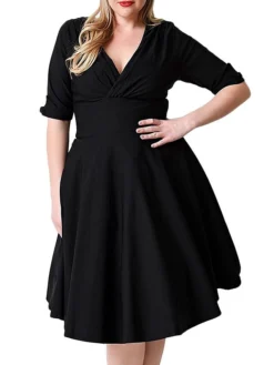 Women‘s Plus Size Curve Casual Dress Vintage Dress Solid Color Midi Dress Half Sleeve V Neck Fashion Daily Black Wine Summer Spring L XL XXL 3XL 4XL -HANs Plus Size Style Shop stdhvv1677640139232