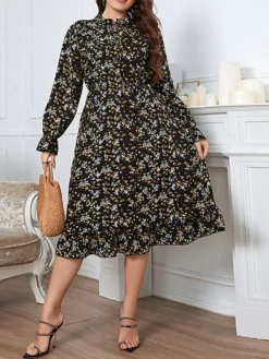 Women's Plus Size Party Dress Wedding Guest Dress Black Dress Midi Dress Black Long Sleeve Flower Print Spring Fall Winter High Neck Fashion Winter Dress Evening Party Wedding Guest 2023 XL XXL 3XL