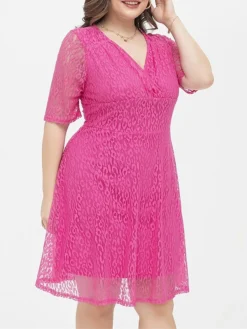 Women's Plus Size Curve Party Dress Lace Dress Cocktail Dress Midi Dress Fuchsia Half Sleeve Pure Color Lace Summer Spring Fall V Neck Fashion Birthday Wedding Guest Vacation 2023 XL XXL 3XL 4XL -HANs Plus Size Style Shop stdzft1692157190504