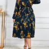 Women's Plus Size Party Dress Wedding Guest Dress Empire Waist Dresses Midi Dress Dark Blue Long Sleeve Flower With Belt Spring Fall Winter V Neck Fashion Winter Dress Evening Party Wedding Guest 2023