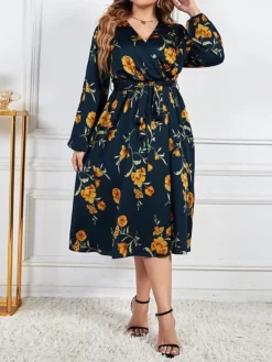 Women's Plus Size Party Dress Wedding Guest Dress Empire Waist Dresses Midi Dress Dark Blue Long Sleeve Flower With Belt Spring Fall Winter V Neck Fashion Winter Dress Evening Party Wedding Guest 2023