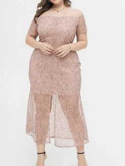 Women's Plus Size Prom Dress Party Dress Lace Dress Long Dress Maxi Dress Pink Short Sleeve Pure Color Lace Summer Spring Fall Off Shoulder Fashion Wedding Guest Birthday Evening Party 2023 XL XXL -HANs Plus Size Style Shop stnflx1691648055915